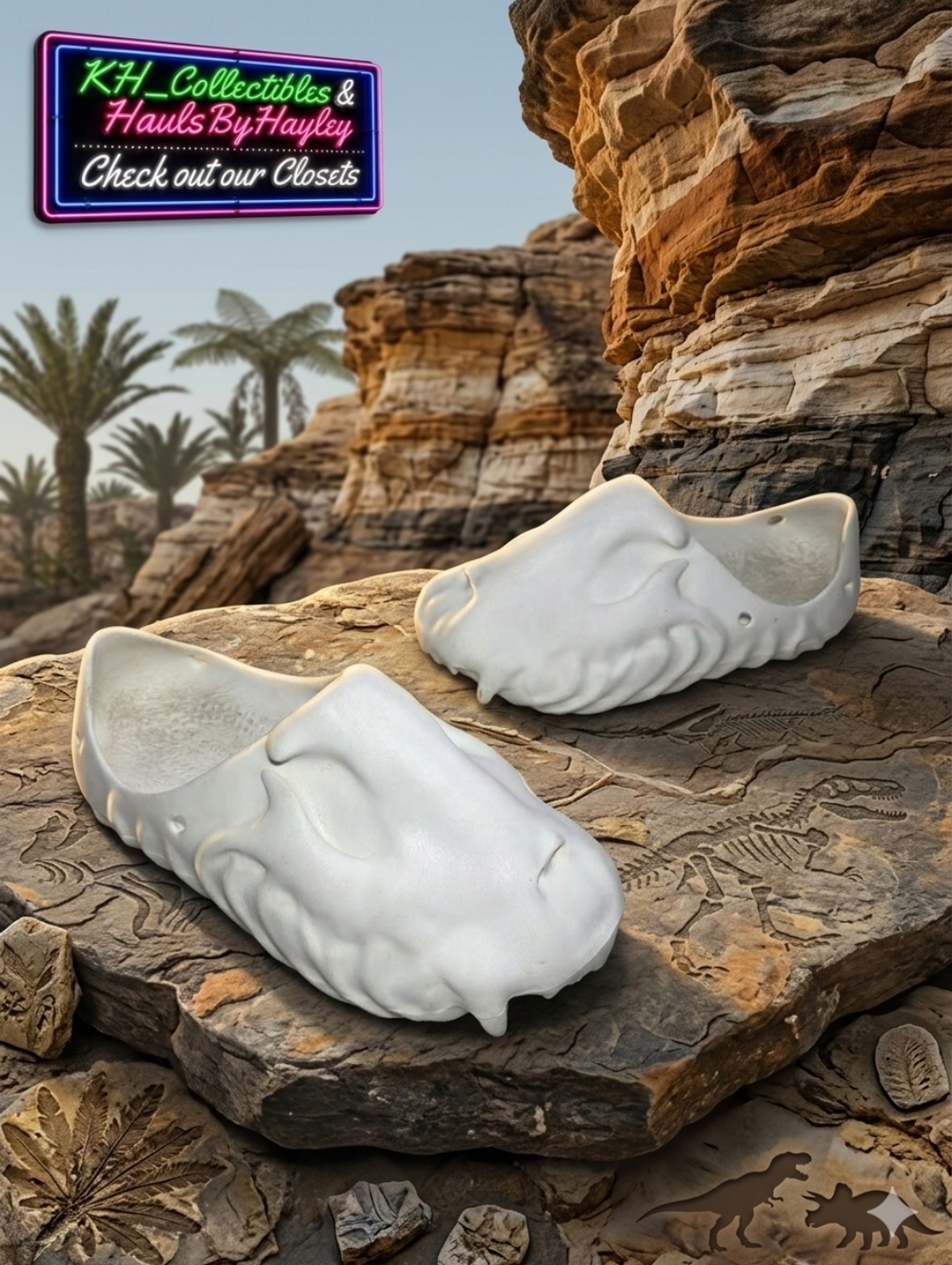 Kito Wares Fossil-X Foam Slides Dinosaur Skull Bone White